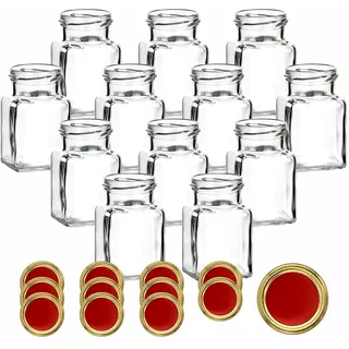 gouveo 12er Set Einmachgläser 150 ml (0,15 l) Einmachglas 150 ml eckig Schraubdeckel aus Metall rot-gold kleine Marmeladengläser, Schraubgläser für Dessert & Aufbewahrung (EGE150RG)