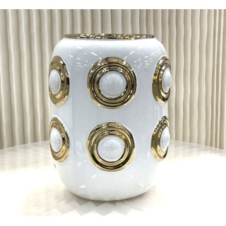 QMFTRADING Dekovase Tisch Vase Weiß Gold Kreise Keramik Klassisch Rund 23 cm, Klassisch weiß