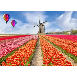 CORFOTO 2.5x1.8m Niederländische Tulpenfeld-Kulisse,Blauer Himmel,weiße Wolken,Fotografie-Hintergrund,Heißluftballon und Windmühlen,Hochzeits-Party-Dekor Banner,Brautpaar-Portraits,Fotoautomat