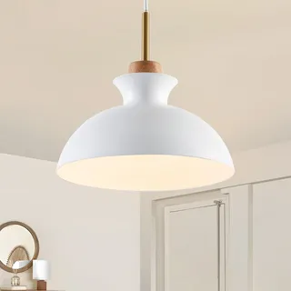 Parrot Uncle Pendelleuchte 28 Cm, Weiße Hängelampe Aus Metall Und Holz, Moderne E27 Pendellampe Für Küche Esszimmer Wohnzimmer, Skandi Japandi Design