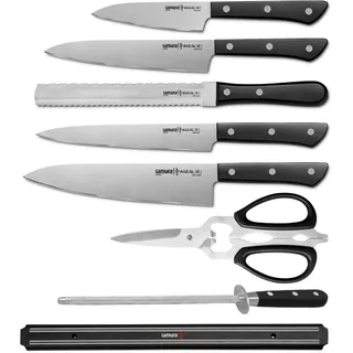 Samura Harakiri Japanese Knife Set for Hobby Chefs | 8 in 1 Professional Kitchen Knife Set with 5 Knives, Kitchen Scissors, Knife Sharpener and Magnetic Knife Holder | Masterful Kitchen Accessory Set