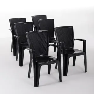 RATTATAN Set aus 6 einteiligen Stühlen aus Polypropylen mit Glasfaser, Rattanoptik, stapelbar für Außen- und Gartenbereich, Bar und Restaurant – Diana –Schwarz