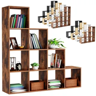 MIADOMODO® Treppenregal - Braun, 10 Fächer, 129,5x29x129,5 cm, für Wohnzimmer, Stabil, Offen, Freistehend, Indoor, aus MDF-Platte - Stufenregal, Raumteiler Regal, Bücherregal, Standregal