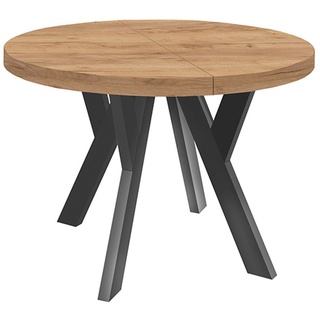 Runder Ausziehbarer Tisch für Esszimmer, PERO, Loft-Stil, Skandinavische, Durchmesser: 110 / 210 cm, Farbe: Eiche Craft Golden / Schwarz