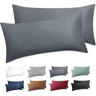 Kissenbezug 40 x 80 2er Set - 90% Baumwolle Kopfkissenbezug 40x80, Kissenbezüge mit Reißverschluss, Kissenhülle - Weich Atmungsaktiv und Langlebig, Oeko-TEX Zertifiziert, Anthrazit Grau