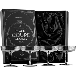 GLASSIQUE CADEAU Vintage Art Deco Schwarze Gerippte Coupe Gläser | 4er Set | 200 ml Rauchige Cocktailgläser für Champagner, Espresso Martini, Daiquiri | Kristall Rauchgrau Champagnerschalen