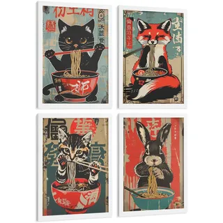 POSTER 4er Set Japanische Ramen Tier-Wandbilder Katze Fuchs und Hase Nudeln Vintage Küche Deko Weißer Rahmen A4