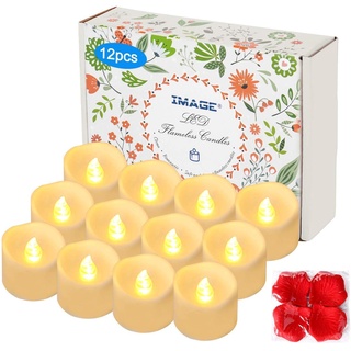 IMAGE LED Kerzen 12 Stück Teelichter mit Timer 6 Stunden an 18 Stunden aus flackernde flammenlose Kerzen mit 100 Rosenblättern, warmweiß