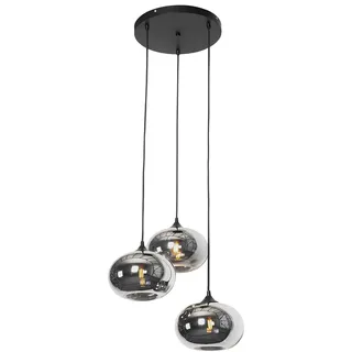 Qazqa Smart led Art Deco Pendelleuchte, Pendellampe - Busa - Schwarz mit Rauchglas, Rund, 1800K - 4000K, extra warmweiß - kaltweiß, dimmbar, 3-flammig, 45cm, Ideal als Küche lampe, Schlafzimmerlampe