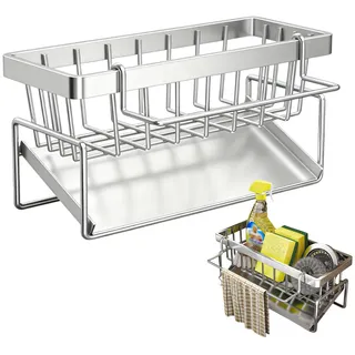 Rieoany Silber SpüLbecken Organizer Mit Schwammhalter, Kohlenstoffstahl Spüle Organizer Mit Abnehmbarem SpüLlappenhalter, Küchen Organizer SpüLe Mit Ablaufschale, Geeignet Für Küche Und Bad