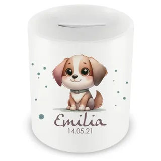 Samunshi® Kinder Spardose mit Namen und Süßer Hunde Welpe als Motiv für Kinder - Jungen und Mädchen Sparschwein 330ml weiß