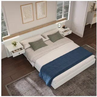 BlingBin Bett Doppelbett Holzbett Schwebebett (1-tlg., Set in Eiche Sonoma/Weiß(Ohne Matratze), mit 2 LED Nachtkommoden, USB C Steckdose weiß
