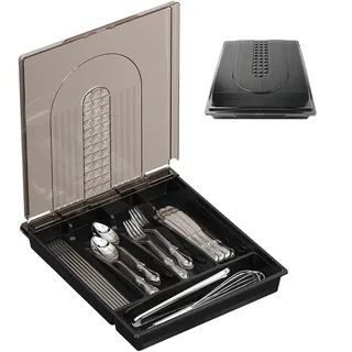 beijieaiguo Besteckkasten mit Deckel, Besteckkästen zu 5 Fächer Tragbar Besteck Aufbewahrungsbox Besteckkasten für Schubladen Staubdicht Geeignet für Küche Camping Reisen 33×28×4.5cm Schwarz