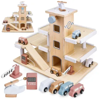Mamabrum, Parkhaus für Kinder mit Accessoires, Auto Garage Holzgarage Kinder Holzspielzeug für Jungen und Mädchen, interaktives Spielzeug, Zubehör inklusive, skandinavisches Farbdesign