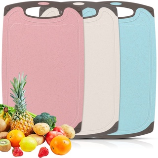 Schneidebrett 3er Set, Schneidebrett Antibakteriell und rutschfest Weizenstroh Schneidebrett Küchenbrett Frühstücksbrettchen Kunststoff für Obst/Gemüse/Fleisch, BPA-FREI (3 Farben)