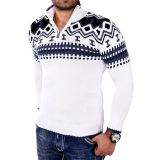 Reslad Strickpullover Reslad Herren Strickpullover Crewneck Zipper Norweger Pullover RS-3110 (1-tlg) Strickpullover Männer Norwegermuster Troyer weiß L