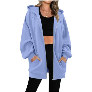 Sweatjacke Damen mit Kapuze Dünne Fleecejacke Kapuzenpullover Zipper Hoodie Lange Jacke Leicht Übergangsjacke Elegant Einfarbig Kapuzenjacke mit Taschen Strickjacke Casual Sweatshirt Locker Pullover - XXL