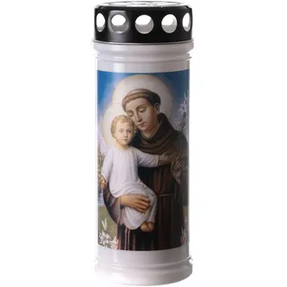 Grablicht - Motivkerze, klassische Form, Heiliger Antonius, weiss, mit schwarzen Wind- und Regenschutz aus Metall