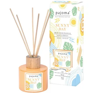 Raumduft Diffuser Sunny Day, 100 ml mit Stäbchen - Essential Oils Lufterfrischer in Geschenkverpackung | Sonnige Frische aus Bergamotte, Orange & Citrus | Wohn-, Schlaf-, Bad, WC, Hotel, Büro, Deko