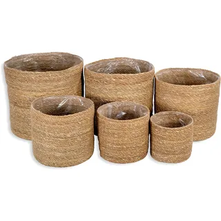 DARO DEKO Seegras Korb rund Natur 6er Set mit Einsatz Blumentopf geflochten Aufbewahrungskorb Über-Topf Blumenkorb