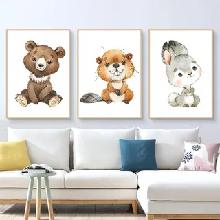 3er Poster Set Waldtiere Kinderzimmer, Bilder Kinderzimmer Jungen & Mädchen, Wanddeko für Babyzimmer Dekoration, Wandbilder Tiere Fuchs Kaninchen Giraffe (DEF,21x30cm)