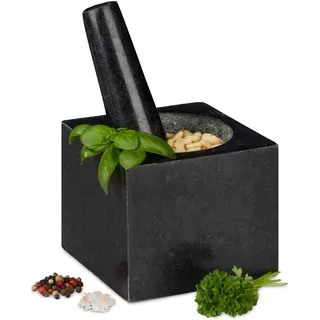 Relaxdays Granit Mörser mit Stößel eckig 9,5 x 11 x 11 cm 250 ml grau