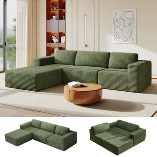 Vesgantti 303 cm Groß Modulares L-förmiges Ecksofa mit Schlaffunktion, 3‐Sitzer Cordsofa mit Federkern, Extra Tiefe Sitzfläche, Boneless Schlafcouch, Für Wohnzimmer, Ohne Montage, Grün