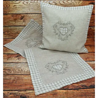 Landhaus Tischläufer Vichy Karo 40 x 90 cm Natur Leinen Herz Stickerei Applikation Tischdecke Country Chic Deko ÖKOTEX Typ502