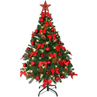 Weihnachtsbaum künstlich (WBD) 120 cm grün mit Weihnachtsdeko rot und Led Lichterkette mit Batteriebox und Fernbedienung künstlicher Christbaum klein Tannenbaum