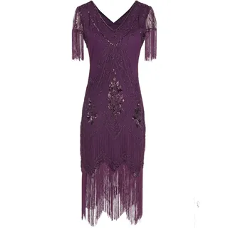 MISSCHEN 1920s Flapper doppelte V-Ausschnitt Pailletten Strass verschönert fransen Kleid YLS018 L Purple - L