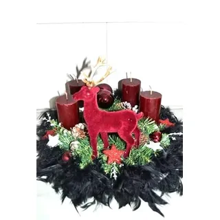 Adventskranz Federn schwarz dunkelrot Hirsch 40cm Weihnachten Adventsgesteck