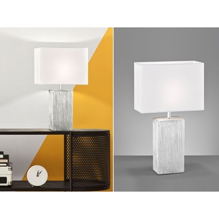 FISCHER & HONSEL LED Nachttischlampe, LED wechselbar, Warmweiß, mit Lampen-Schirm Stoff Weiß & Keramik-Fuß, Tisch Stehlampe 50cm groß silberfarben|weiß