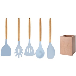Fackelmann 30178 Küchenhelfer-Set, 5-teilig, Löffel und Pfannenwender aus Holz, Silikon, FSC-Holz, 32 cm