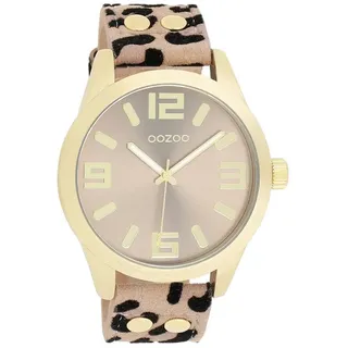 OOZOO Quarzuhr XXL Damenuhr C1097 - Quarzuhr in Gold mit taupefarbenem Lederarmband, im Animalprint, rundes Gehäuse, 46 mm