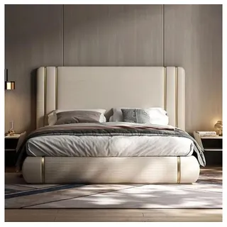 Xlmoebel Polsterbett Weißes Polsterbett mit Hochkopfteil von XLMOEBEL (Bettgestell, 1-tlg., Polsterbett 180x200), Made in Europa beige 200 cm x 220 cm x 150 cm