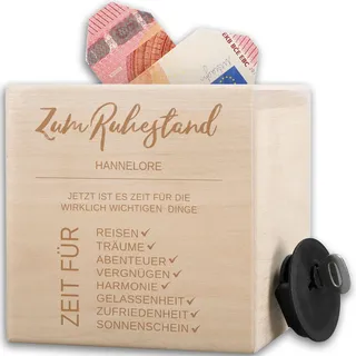 Spardose Holz - Rentnerin - Holzspardose zum Ruhestand Sparbüchse Rente Geldgeschenk Ruhestand Verpackung Geld Geschenk Pension I - 10x10cm - Holz - geldgeschenke sparschwein Fuer Frauen gelddose