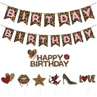 Nurila Leo Deko, 8-teiliges Leopard-Partyset aus Papier mit Banner Einfügen | Leopardenmuster Deko für Mädchen, Frauen und Tier-Mottopartys; Banner und 7 Tortenstecker für Tisch, Kuchen & Fotos