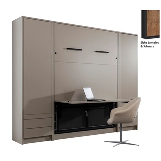 QMM TraumMöbel Schrankbett Wandbett GN 140x200 mit Schreibtisch & 2 Schränken (Set) vertikal klappbar braun