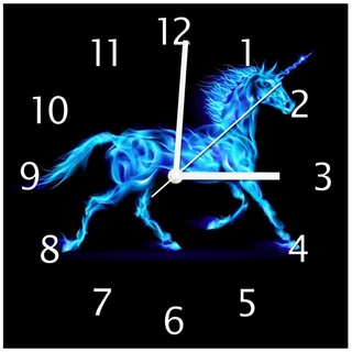 Wallario Wanduhr Design Einhorn - aus blauen Flammen (Glasuhr) schwarz 30 cm x 30 cm