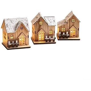 Beleuchtetes Weihnachts-Holzhaus Set 3 Stück 3,74 Zoll Handgeschnitzt | Hohles Fenstermuster und Zaun Detail Warmes Licht für Tisch Regale Kaminsims Fenster Robust und wiederverwendbar