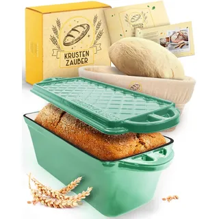 Krustenzauber Brotbackform Brotbackform Gusseisen Topf Brot Backen [inkl. Gärkorb] grün Kastenform