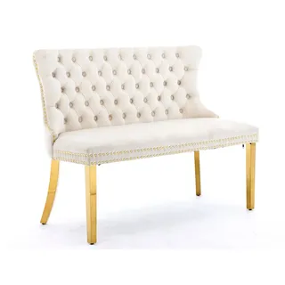 SeedWave Esszimmerstuhl Esszimmerbank Samt Polsterbank, Ziernieten & Verstellbaren Stahlfüßen, Französischer Luxusstil Sitzbank inkl. Rückenlehne mit Knopfheftung beige