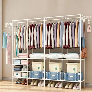 FAMKIT Offener Kleiderschrank mit 4 Kleiderstangen & 10 Ablagen | Kleiderständer Schwerlast Metall,Stabiler Garderobenständer für Schlafzimmer