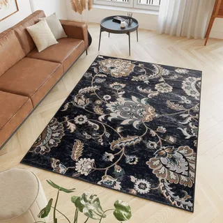 TAPISO Dubai Teppich Kurzflor Schwarz Creme Floral Blumen Blätter Design Modern Wohnzimmer Schlafzimmer ÖKO-TEX 200 x 300 cm