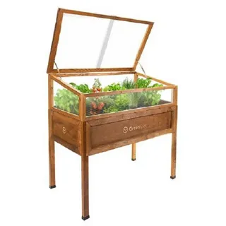 QLS Gewächshaus Mini Vintage für Balkon 110x55 cm, aus Holz Hochbeet Frühbeet Terrasse braun