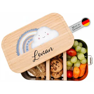 wunderwunsch Brotdose personalisiert, Lunchbox, Regenbogen blau, klein | Kindergarten Brotzeitbox mit Namen für Kinder mit Fächern, Metallbrotdose, gravierte Lunch-Box, Mädchen oder Junge