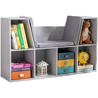 HOMCOM Bücherregal Kinder Kinderregal mit Sitzhocker 6 Fächern 3 Kissen Spielzeugregal Kinderbücherregal Spielzeug-Organizer für Spielzimmer Kinderzimmer 103 x 30 x 62 cm Grau