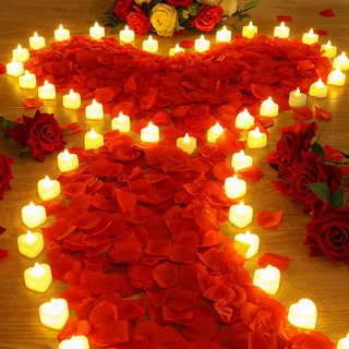 Coume 6000 Stück künstliche Rosenblätter mit 72 Stück romantische Herz LED Kerze flammenlose Liebe LED Teelicht Kerze für romantische Nacht Valentinstag Jahrestag Tischdekoration (warmweißes Licht)