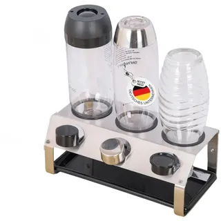 Flaschenhalter für SodaStream – 3er Edelstahl Abtropfständer mit herausnehmbarer Abtropfschale und Silikonschutzringe, Abtropfhalter mit Deckelhalter passend für Crystal & Emil Flaschen