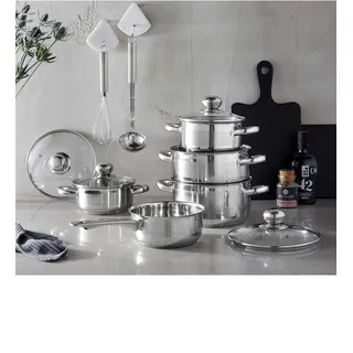 GSW Silver Star Topf-Set 5-tlg. 2 x Bratentopf  + 2 x Fleischtopf + Stielkasserolle inkl. Schneebesen und Schöpflöffel